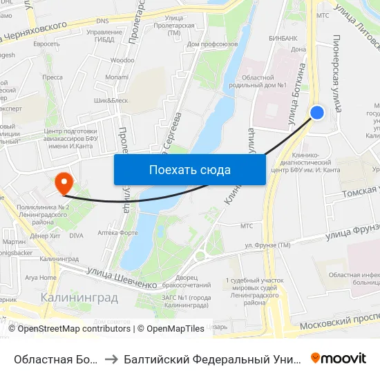 Областная Больница (В Центр) to Балтийский Федеральный Университет Имени Иммануила Канта map