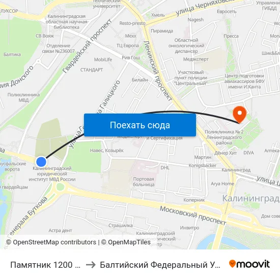 Памятник 1200 Гвардейцев (В Центр) to Балтийский Федеральный Университет Имени Иммануила Канта map