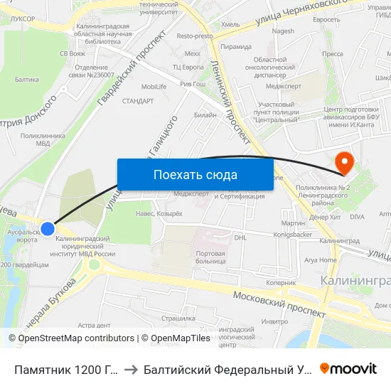 Памятник 1200 Гвардейцев (Из Центра) to Балтийский Федеральный Университет Имени Иммануила Канта map