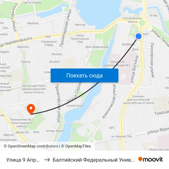 Улица 9 Апреля (Из Центра) to Балтийский Федеральный Университет Имени Иммануила Канта map