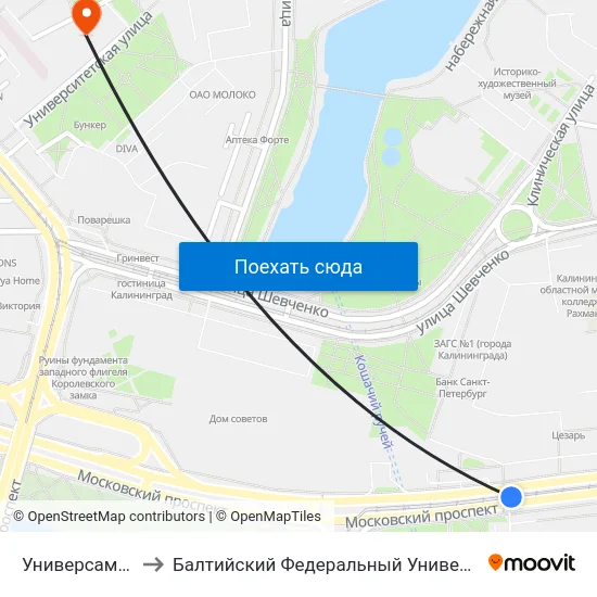 Универсам Московский to Балтийский Федеральный Университет Имени Иммануила Канта map