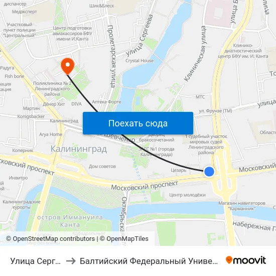 Улица Сергея Тюленина to Балтийский Федеральный Университет Имени Иммануила Канта map