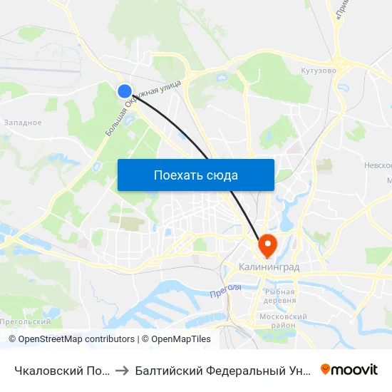 Чкаловский Поворот (Троллейбус) to Балтийский Федеральный Университет Имени Иммануила Канта map