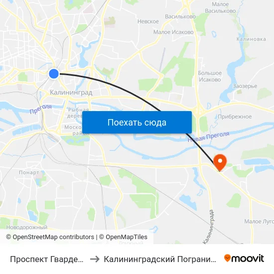 Проспект Гвардейский (Из Центра) to Калининградский Пограничный Институт Фсб России map