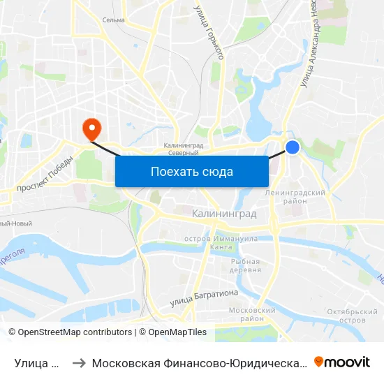 Улица Пионерская to Московская Финансово-Юридическая Академия. Калининградский Филиал map