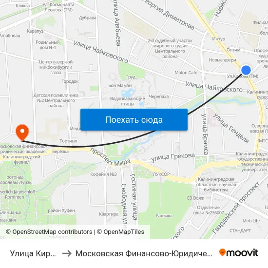 Улица Кирова (Из Центра) to Московская Финансово-Юридическая Академия. Калининградский Филиал map