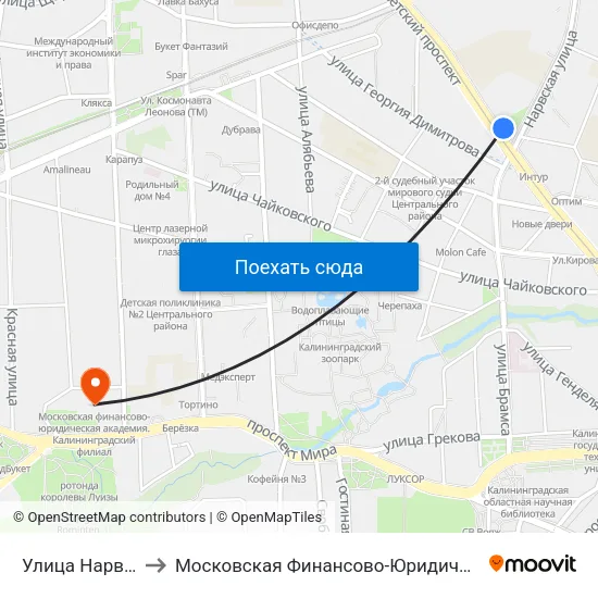 Улица Нарвская (Из Центра) to Московская Финансово-Юридическая Академия. Калининградский Филиал map