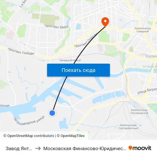 Завод Янтарь (Конечная) to Московская Финансово-Юридическая Академия. Калининградский Филиал map