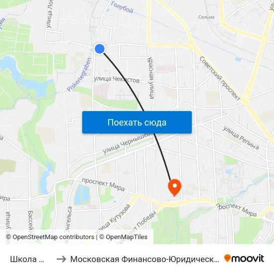 Школа №50 (В Центр) to Московская Финансово-Юридическая Академия. Калининградский Филиал map