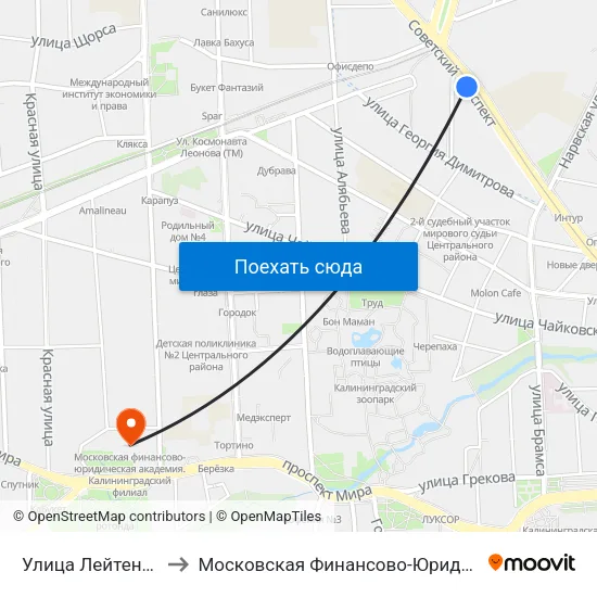 Улица Лейтенанта Яналова (В Центр) to Московская Финансово-Юридическая Академия. Калининградский Филиал map