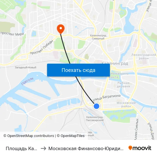 Площадь Калинина (Из Центра) to Московская Финансово-Юридическая Академия. Калининградский Филиал map