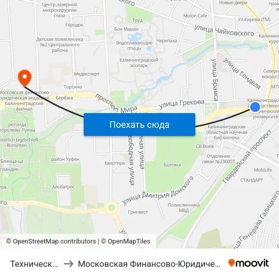 Технический Университет to Московская Финансово-Юридическая Академия. Калининградский Филиал map