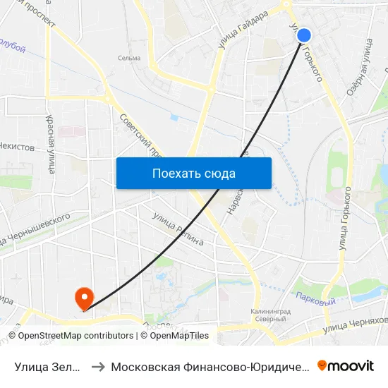 Улица Зелёная (Из Центра) to Московская Финансово-Юридическая Академия. Калининградский Филиал map