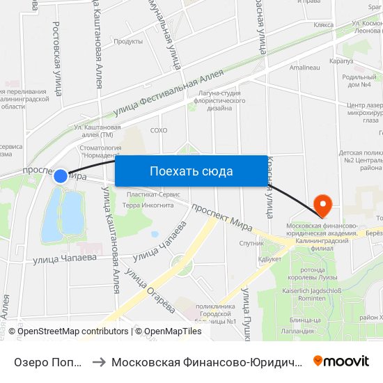 Озеро Поплавок (Конечная) to Московская Финансово-Юридическая Академия. Калининградский Филиал map