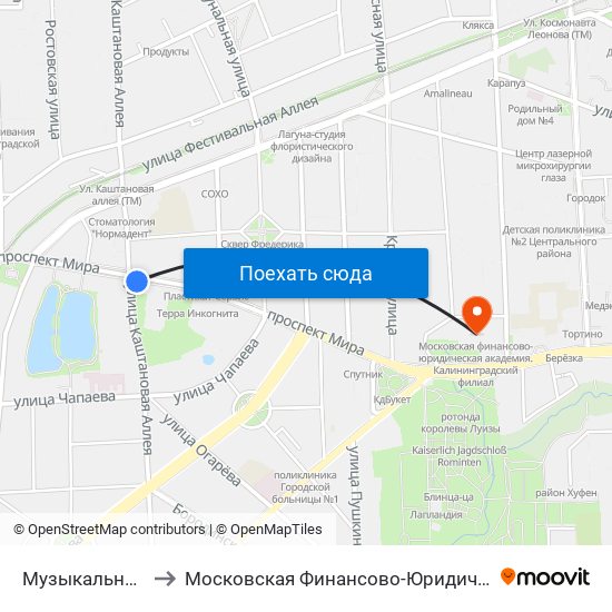 Музыкальный Театр (В Центр) to Московская Финансово-Юридическая Академия. Калининградский Филиал map