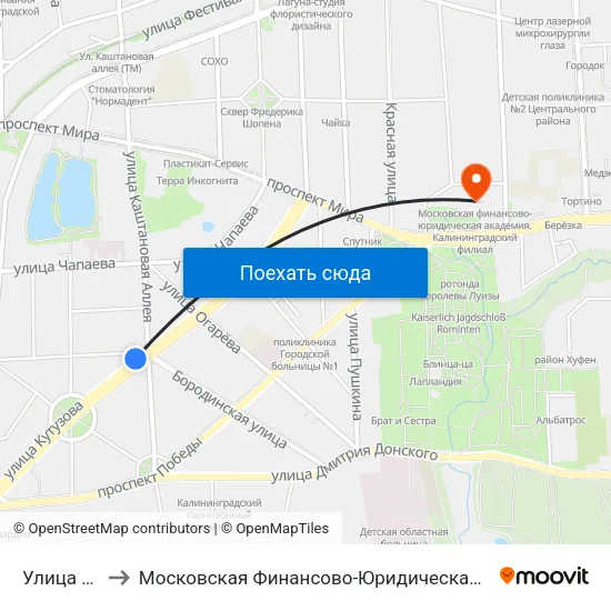 Улица Нахимова to Московская Финансово-Юридическая Академия. Калининградский Филиал map