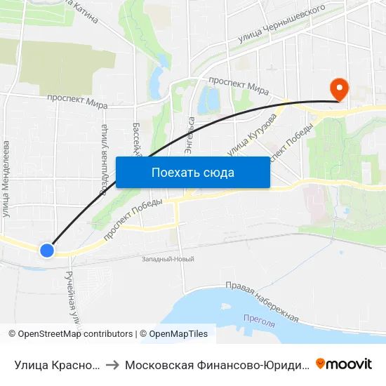 Улица Красносельская (Из Центра) to Московская Финансово-Юридическая Академия. Калининградский Филиал map