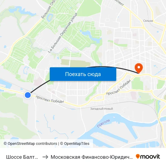 Шоссе Балтийское (Из Центра) to Московская Финансово-Юридическая Академия. Калининградский Филиал map