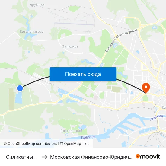 Силикатный Завод (Конечная) to Московская Финансово-Юридическая Академия. Калининградский Филиал map