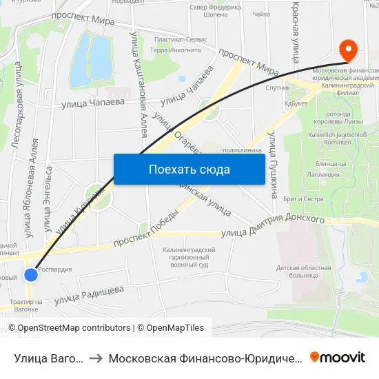 Улица Вагоностроительная to Московская Финансово-Юридическая Академия. Калининградский Филиал map