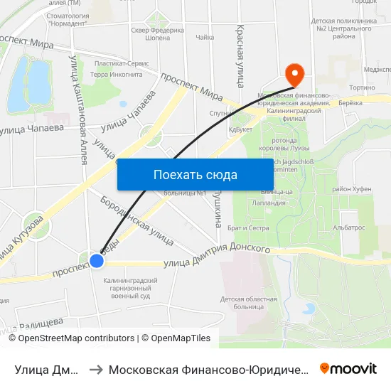 Улица Дмитрия Донского to Московская Финансово-Юридическая Академия. Калининградский Филиал map