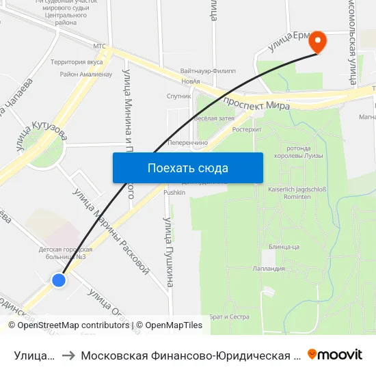 Улица Огарёва to Московская Финансово-Юридическая Академия. Калининградский Филиал map