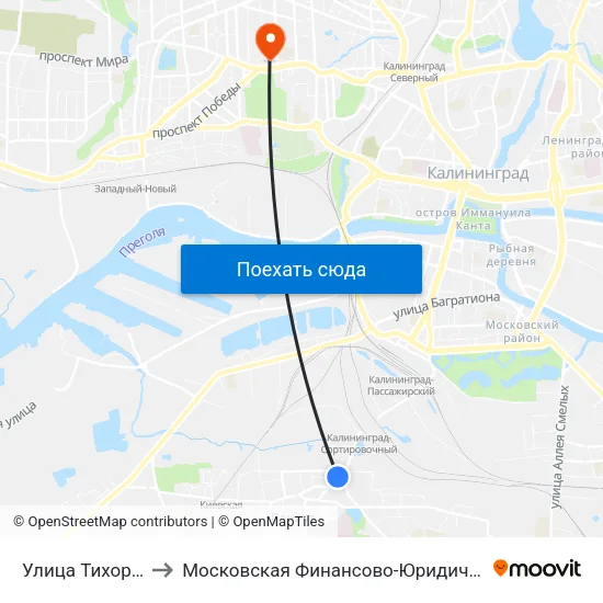 Улица Тихорецкая (Из Центра) to Московская Финансово-Юридическая Академия. Калининградский Филиал map