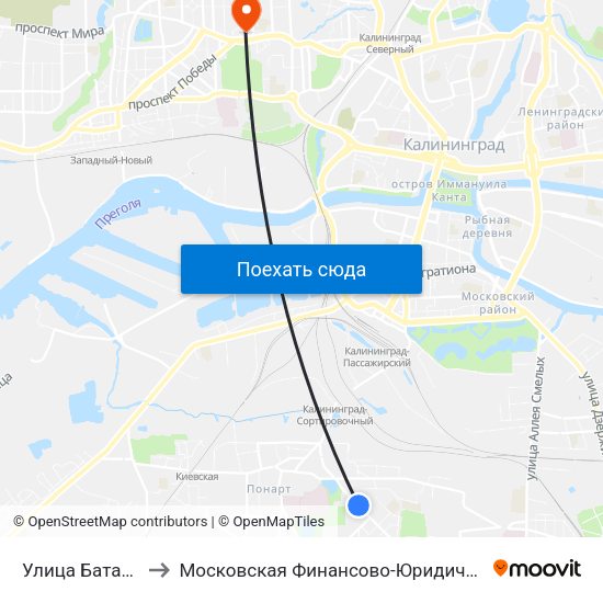Улица Батальная (Из Центра) to Московская Финансово-Юридическая Академия. Калининградский Филиал map