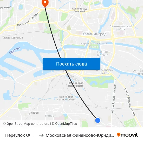 Переулок Очаковский (Из Центра) to Московская Финансово-Юридическая Академия. Калининградский Филиал map