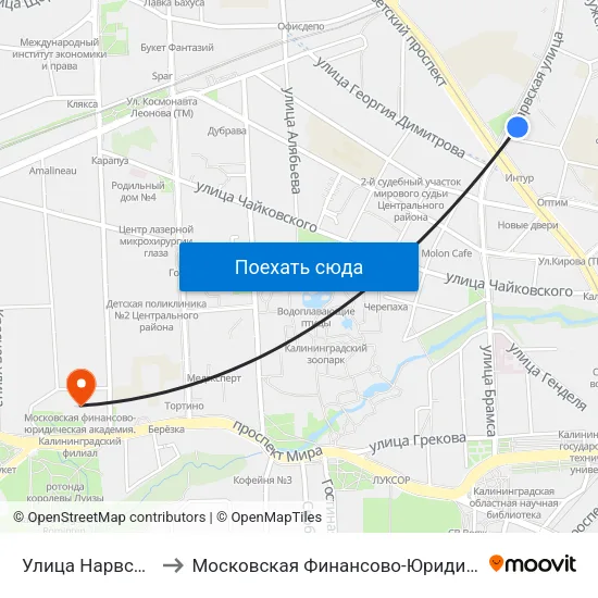 Улица Нарвская (На Ул. Нарвской) to Московская Финансово-Юридическая Академия. Калининградский Филиал map