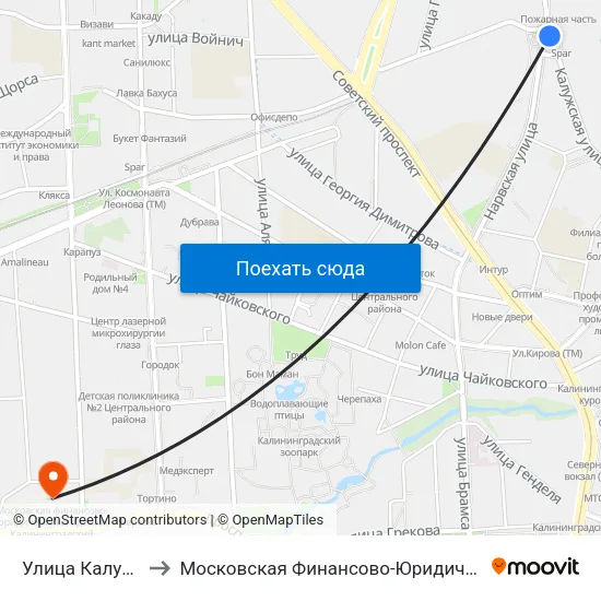 Улица Калужская (Из Центра) to Московская Финансово-Юридическая Академия. Калининградский Филиал map