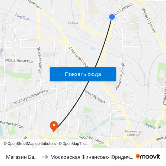 Магазин Бауцентр (Из Центра) to Московская Финансово-Юридическая Академия. Калининградский Филиал map