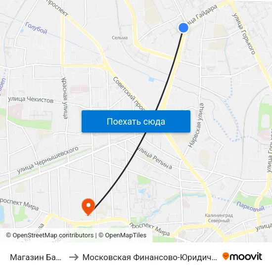 Магазин Бауцентр (Из Центра) to Московская Финансово-Юридическая Академия. Калининградский Филиал map