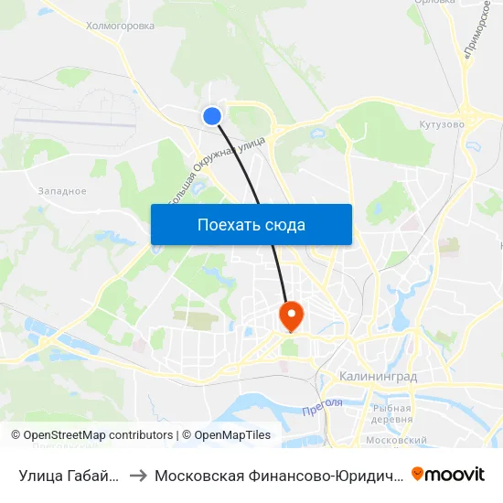 Улица Габайдулина (Из Центра) to Московская Финансово-Юридическая Академия. Калининградский Филиал map