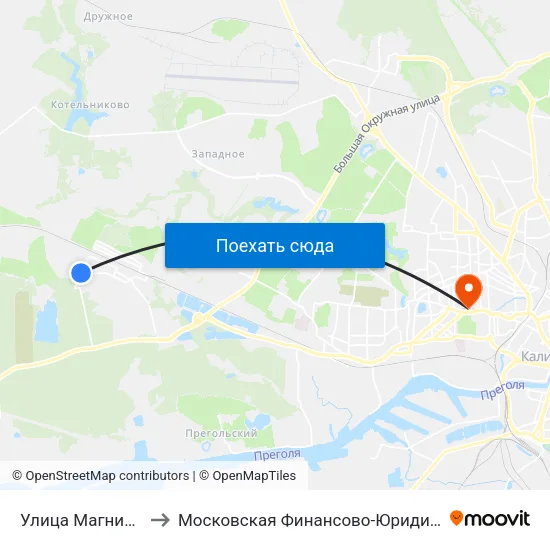 Улица Магнитогорская (Из Центра) to Московская Финансово-Юридическая Академия. Калининградский Филиал map