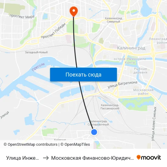 Улица Инженерная (Из Центра) to Московская Финансово-Юридическая Академия. Калининградский Филиал map