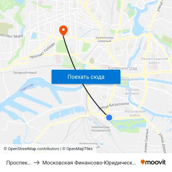 Проспект Калинина to Московская Финансово-Юридическая Академия. Калининградский Филиал map