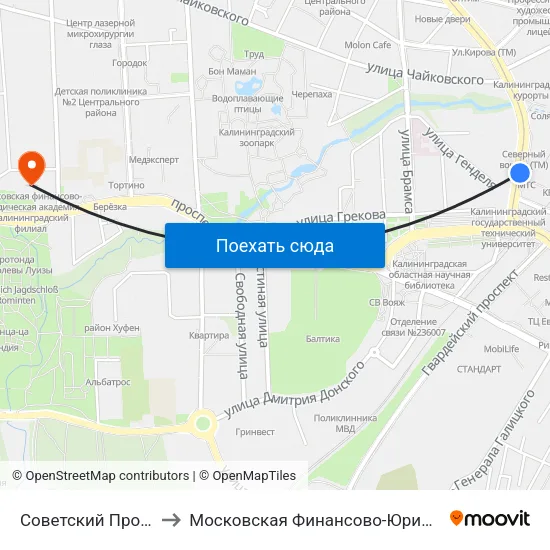 Советский Проспект (Северный Вокзал) to Московская Финансово-Юридическая Академия. Калининградский Филиал map