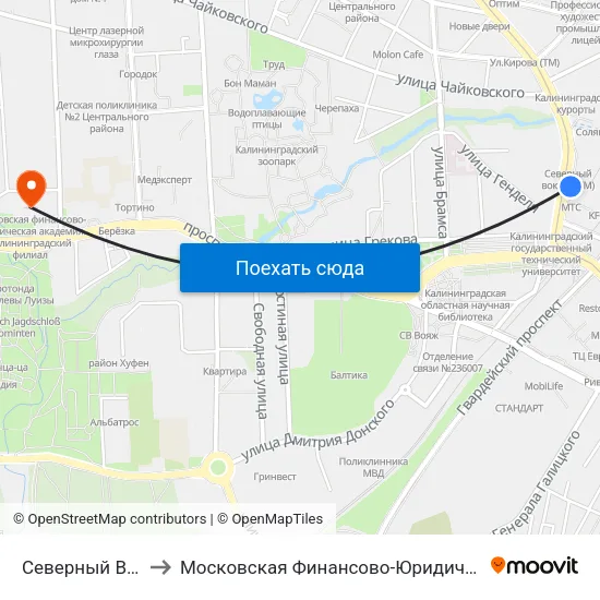 Северный Вокзал (Из Центра) to Московская Финансово-Юридическая Академия. Калининградский Филиал map