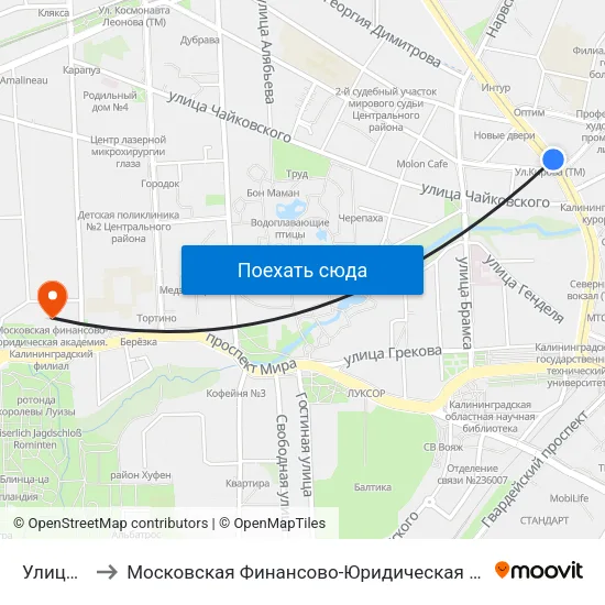 Улица Кирова to Московская Финансово-Юридическая Академия. Калининградский Филиал map