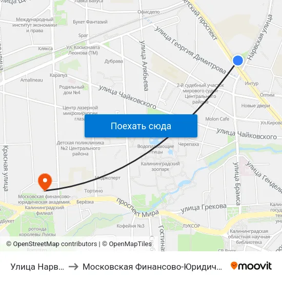 Улица Нарвская (Из Центра) to Московская Финансово-Юридическая Академия. Калининградский Филиал map