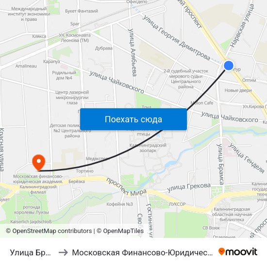 Улица Брамса (В Центр) to Московская Финансово-Юридическая Академия. Калининградский Филиал map