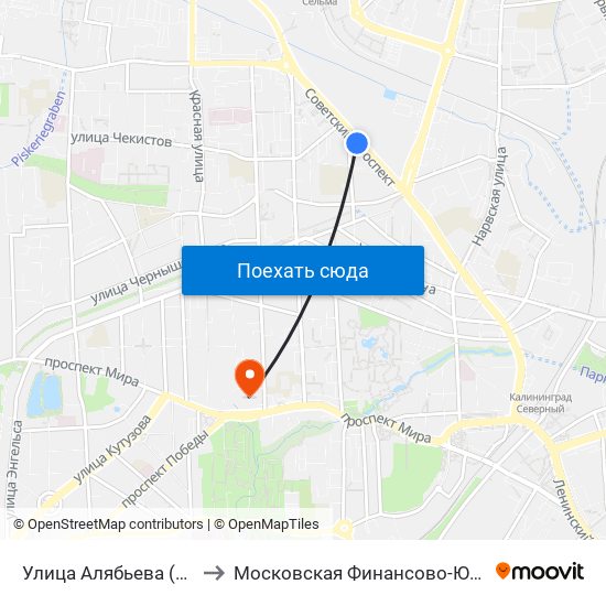 Улица Алябьева (На Советском Проспекте, В Центр) to Московская Финансово-Юридическая Академия. Калининградский Филиал map