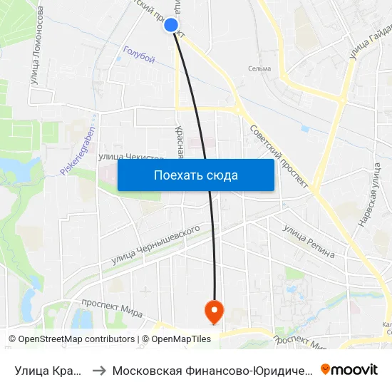 Улица Красная (Из Центра) to Московская Финансово-Юридическая Академия. Калининградский Филиал map