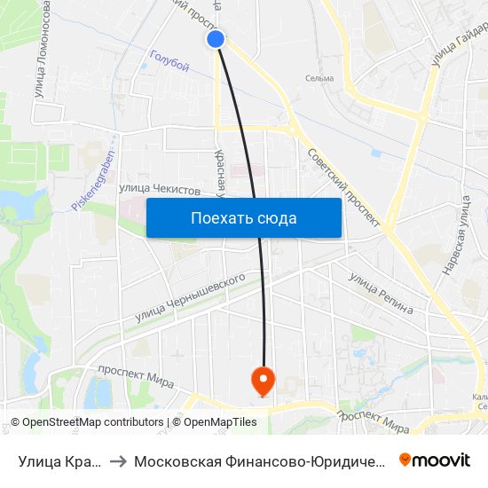 Улица Красная (В Центр) to Московская Финансово-Юридическая Академия. Калининградский Филиал map