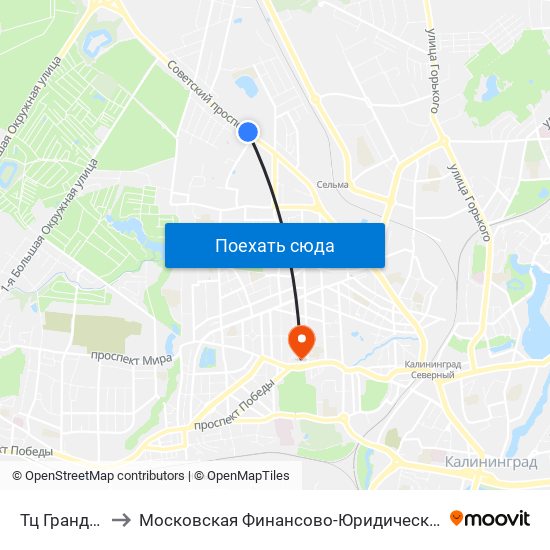 Тц Гранд (Из Центра) to Московская Финансово-Юридическая Академия. Калининградский Филиал map