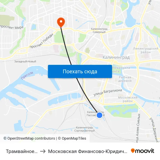 Трамвайное Депо (Из Центра) to Московская Финансово-Юридическая Академия. Калининградский Филиал map