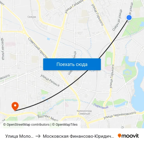 Улица Молодёжная (В Центр) to Московская Финансово-Юридическая Академия. Калининградский Филиал map