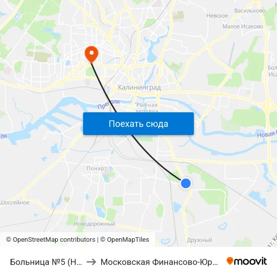 Больница №5 (На Ул. Муромской, Из Центра) to Московская Финансово-Юридическая Академия. Калининградский Филиал map