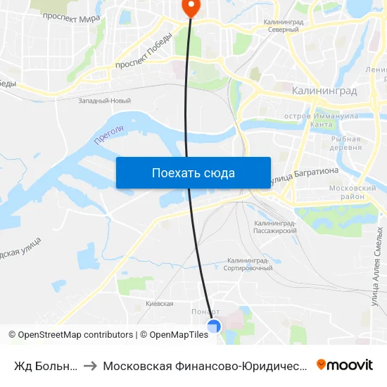 Жд Больница (В Центр) to Московская Финансово-Юридическая Академия. Калининградский Филиал map
